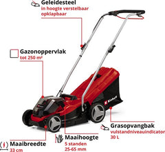 Einhell Accu Grasmaaier GE-CM 36/33 Li Kit - Power X-Change - 36 V/Li-ion - Maaibreedte 33 cm - Aanbevolen gazonoppervlakte: tot 250 m² - 30 L opvangbak - Maaihoogte: 25-65 mm - Incl. 2x 2.5Ah accu + 2x oplader