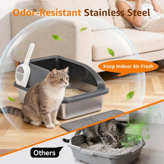 Nobleza Kattenbak RVS – Open Design – Met Hoge Rand & Antispat – Inclusief Kattenbakmat en Schep – 61 x 40,5 x 31 cm – Zilver/Grijs