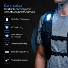 Hardloopvest met Verlichting - Reflecterend Loopvest met Waterfles - Waterdichte Telefoonzak - Wandelvest met Verlichting Voor- en Achterkant - Reflecterend Running Vest - Dames & Heren - SynergyX