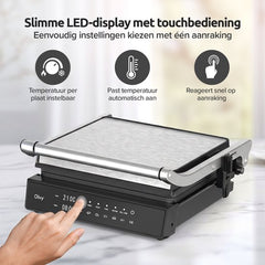 Olvy Contactgrill XL - Uitneembare PFAS-vrije platen - 180º Uitklapbaar - Vaatwasserbestendig - Met Temperatuurregeling - Panini - Croque Monsieur Toestel - Grill Apparaat - Tosti Ijzer - Apparaten •
