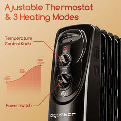 Olieradiator - 2500W Heater - Elektrische kachel - met Thermostaat - Zwart - Aigostar