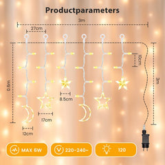 Aigostar 10S6U - Kerstverlichting Sterren & Maan Lichtgordijn - 3 Meter - 120 LED's - 8 Functies met Afstandsbediening - Voor Binnen & Buiten - Warm wit