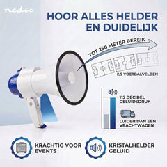 Nedis Megafoon - 115 dB - 250 m Bereik - Sirene - Opnamefunctie - Blauw / Wit