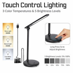Aigostar Bureaulamp LED Dimbaar - 3 kleuren licht - 5 Helderheidsniveaus - Touch Control - Verstelbare Leeslamp - Bedlamp - Nachtlampje- Zwart