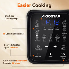 Aigostar Derrick Black - Pressure Multicooker - 6 Liter - Snelkookpan - Slow Cooker - Rijstkoker - Stomer - Zwart