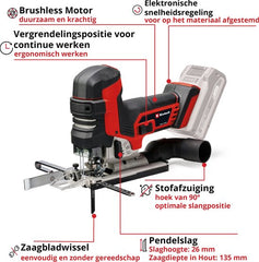 Einhell Professional Accu Decoupeerzaag TP-JST 18/135 Li BL Solo - Power X-Change - 18 V/Li-ion - Slaghoogte: 26 mm - Versteksneden: max. 45° - Incl. 3 zaagbladen - Excl. accu en lader