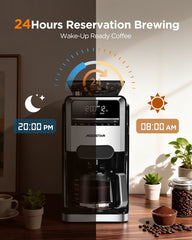 Aigostar Savor - Koffiezetapparaat met Bonenmaler - 1.5L - 12 Kopjes - Digitaal Display - Warmhoudfunctie - 24u Timer - 1400W - Zwart