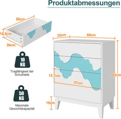 UEV Commode met 4 schuifladen, smal, 60 x 35 x 82 cm, modern design met golfpatroon/drukdeuropener, opbergcommode, dressoir, bijzetkast, hout, voor slaapkamer, woonkamer, hal, wit + blauw