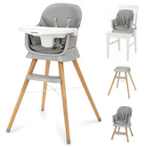 Ezebaby 6-in-1 houten kinderstoel voor baby's en peuters, converteerbare draagbare kinderstoel, zitverhoger voor aan de eettafel, peuterstoel met verstelbare poten en vaatwasbestendig dienblad, grijs
