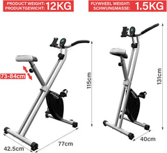 Physionics® Hometrainer, lcd-display, verstelbaar, inklapbaar, tot 120 kg, grijs, met transportwielen, hartslagmeter, telefoonhouder, ergometer, fietstrainer, hometrainer, fitnessfiets •