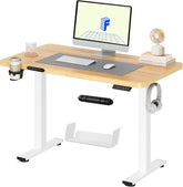 FLEXISPOT Lite Elektrisch Zit/Sta-Bureau - In Hoogte Verstelbaar Sta-Bureau met Bekerhouder en Haken, Toetsenbordpaneel met Geheugenfuncties 110 x 60 cm (Wit Frame + Esdoorn Blad)
