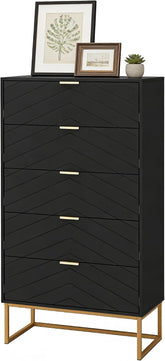 UEV Commode met 5 laden, ladekast smal 60x34x110cm, met kantelbeveiliging en metalen voet, zwart