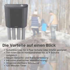 Melissa 16540011 elektrische schoendroger, rubberen laarzen, wandelschoenen, skischoenen, verwarming met ventilator en timer voor 2 paar schoenen/handschoenen, zwart