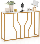 COSTWAY Consoletafel, entreetafel, smalle marmerlook, salontafel met geometrisch metalen frame, bijzettafel goud + wit, 110 x 30 x 80 cm, voor woonkamer, hal, entree