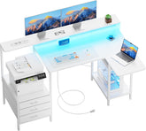 HLDIRECT Hoekbureau met inklapbaar blad, 140 cm, L-vormig gamingbureau, met stopcontacten en USB-C, computerbureau met stoffen lades, computerbureau met monitorbeugel, Wit