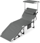 AufuN Zonneligstoel, inklapbaar met dak en zijvak, 195 x 68 cm, weerbestendige ligstoel, stabiele strandstoel, zonwering en verstelbare rugleuning, tot 150 kg, ideaal voor terras, camping, antraciet