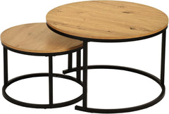 AMVEYA Salontafel rond hout, set van 2, bijzettafels voor de woonkamer, koffietafel, woonkamer-effect, moderne woonkamertafel, met zwart frame