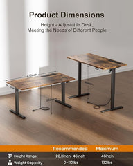 HLDIRECT Elektrisch staand bureau met stopcontacten, 120x60cm, bruin, 60kg