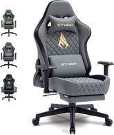 Symino Gamingstoel, ergonomische bureaustoel in racestijl, 200 kg belastbaarheid, verstelbare armleuningen, vintage PU-leer, gamingstoel met voetensteun, grijs