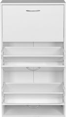 MIADOMODO- Schoenenkast - 3 kleppen, wit, smal, MDF, (W/H/D) 59 x 105 x 22 cm, verstelbaar, 2 schoenenrekken per kipper, tot 18 schoenen - schoenenkipper, schoenencommode, schoenenrek