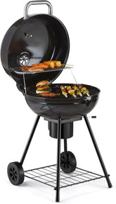 VonHaus Kettle houtskoolgrill met deksel 53,3 cm | Draagbare kogelbarbecue met warmhoudrooster, temperatuurweergave, plank, asbak en wielen, voor vlees, vis en groenten