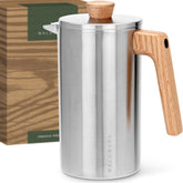 WALDWERK French Press (1 liter), koffiemaker van dubbelwandig roestvrij staal met houten handvat van eikenhout, plasticvrije koffiemaker •