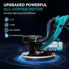 Gipsplaatschuurmachine, 1250W wandschuurmachine met schuurgiraf en automatisch afzuigsysteem, LED-lamp, 5-versnellingsbak, 800-1800 tpm, inklapbare handgreep, 6 schuurschijven, wand- en plafondschuurmachine •