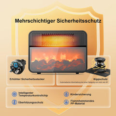 Teendow PTC Keramische ventilatorkachel met 3D-vlameffect, 1500 W turbo, 800 W energiebesparende modus, natuurlijke wind, oververhittings- en kantelbeveiliging, fluisterstil voor slaapkamer en