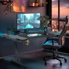 NAIZY Gamingtafel, 120 x 60 cm, zwart, bureau, koolstofvezelplaat, gamer, computertafel, ergonomische pc-tafel met draadgat en led