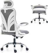 HOLLUDLE Ergonomische bureaustoel met inklapbare rugleuning, bureaustoel met 2D-hoofdsteun, opklapbare armleuningen en mesh, lendensteun, draaistoel, computerstoel, grijs/wit