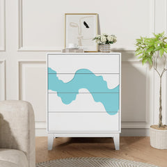 UEV Commode met 4 schuifladen, smal, 60 x 35 x 82 cm, modern design met golfpatroon/drukdeuropener, opbergcommode, dressoir, bijzetkast, hout, voor slaapkamer, woonkamer, hal, wit + blauw