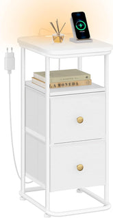 Hzuaneri Nachtkastje, smalle bijzettafel met ledverlichting, 1 USB-A-aansluiting, 1 USB-C-aansluiting, nachtkastjes met 2 stoffen laden, voor slaapkamer, woonkamer, wit NS12113W