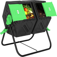 Outsunny 130L draaibare compostbak, dubbele compostbak voor in de tuin met ventilatieopeningen en stalen poten, 67x60x77 cm, zwart