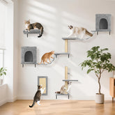 Klimwand katten 6-delige set, 2 kattenhuisjes met stabiele krabzuilen - Nobleza