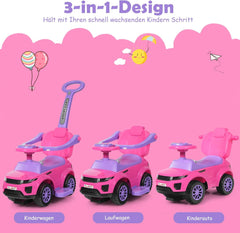 COSTWAY 3-in-1 schuifauto, schuifvoertuig met afneembare duwgreep, beschermbeugel en verborgen opbergruimte, speelgoedauto met claxon, muzieklicht, glijauto voor kinderen vanaf 1 jaar (roze)