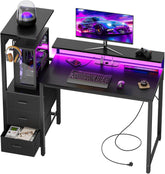 HLONONE Bureau met laden, gamingtafel met led en 2 stopcontacten en 3 USB-poorten, omkeerbare computertafel met plank en monitorstandaard, 112 x 50 cm, pc-tafel met haak voor thuiskantoor, zwart