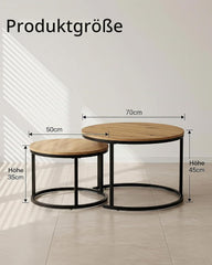 AMVEYA Salontafel rond hout, set van 2, bijzettafels voor de woonkamer, koffietafel, woonkamer-effect, moderne woonkamertafel, met zwart frame