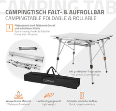 ML-Design Campingtafel, opvouwbaar, zilver, 90 x 51,5 cm, aluminium klaptafel, in hoogte verstelbaar 46-66,5 cm, belastbaarheid 30 kg, oprolbaar tafelblad, klaptafel, tuintafel, balkontafel, reistafel •
