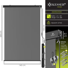 KESSER® Verticale luifel, 140 x 250 cm, buitenrolgordijn, grijs, handslingermechanisme, balkonrolgordijn, zon- en inkijkbescherming, zonwering, met zwengel, luifelkast, balkon en terras, inclusief montageset