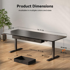 HLDIRECT Elektrisch sta-bureau, extra groot, in hoogte verstelbare tafel met uitgangen, zit-sta-computertafel met laden voor thuiskantoor, ergonomische stijgende werkplek, 200 x 80 cm, zwart