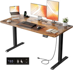 HLDIRECT Elektrisch staand bureau met stopcontacten, 120x60cm, bruin, 60kg