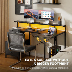HLDIRECT Hoekbureau met inklapbaar blad, 140 cm, L-vormig gamingbureau, met stopcontacten en USB-C, computerbureau met stoffen lades, computerbureau met monitorbeugel, zwart
