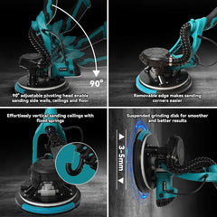 Gipsplaatschuurmachine, 1250W wandschuurmachine met schuurgiraf en automatisch afzuigsysteem, LED-lamp, 5-versnellingsbak, 800-1800 tpm, inklapbare handgreep, 6 schuurschijven, wand- en plafondschuurmachine •