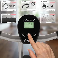 Physionics® Hometrainer, lcd-display, verstelbaar, inklapbaar, tot 120 kg, grijs, met transportwielen, hartslagmeter, telefoonhouder, ergometer, fietstrainer, hometrainer, fitnessfiets •