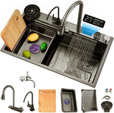 Fockety onderbouwkeukenspoelbak, 31,5 x 17,7 inch dubbele roestvrijstalen spoelbak met waterval, kraancombinatie, kopjesspoelbak en digitaal display, werkstationspoelbakken voor bar, thuis •