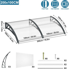YARDIN Luifel 200x100 cm voor huisdeur, dak van polycarbonaat en aluminium, bescherming tegen weersinvloeden, voor deur- en ingangsdeur, grijs