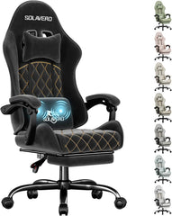 SOLAVERO Gaming Chair van suède stof, ergonomische gamerstoel met massagefunctie en lendensteun, bureaustoel met telescopische voetensteun, draagvermogen 150 kg, zwart