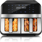 Dual Zone heteluchtfriteuse met kijkvenster, 9 l XL capaciteit, dubbele airfryer, 2 laden, 8-in-1 kookspecificaties, touchscreen, smart en timerfunctie, gezonde friteuse zonder olie en vetarm koken.