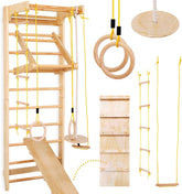 Physionics® Wandset voor kinderen/volwassenen, incl. optrekstang/ringen/trapezium/trapezium/trapezium/touwladder, van hout, tot 100 kg, indoor - klimwand, klimrek, turnwand, Zweedse ladder