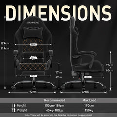 SOLAVERO Gaming Chair van suède stof, ergonomische gamerstoel met massagefunctie en lendensteun, bureaustoel met telescopische voetensteun, draagvermogen 150 kg, zwart